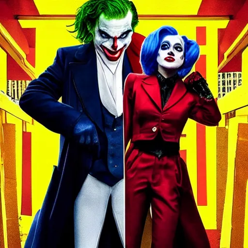 Image similar to joker movie poster, with lady gaga as harley quinn and joaquin phoenix as joker, at joker stairs