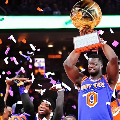 Prompt: julius randle lifting the nba trophy for the knicks, confetti dropping, getty images, full resolution