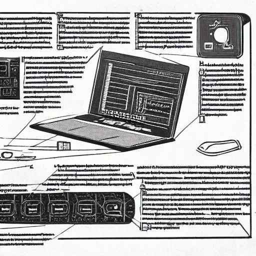 Image similar to advertisement for a laptop computer featuring diagrams and descriptions, medieval illustration, highly detailed historical page