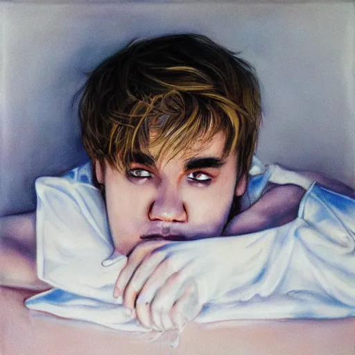 Image similar to justim bieber laying in milk, cinematic, cottage core, cinematic focus, polaroid photo bleached vintage pastel colors high - key lighting, soft lights, foggy, by steve hanks, by lisa yuskavage, by serov valentin, by tarkovsky, 8 k render, detailed, oil on canvas