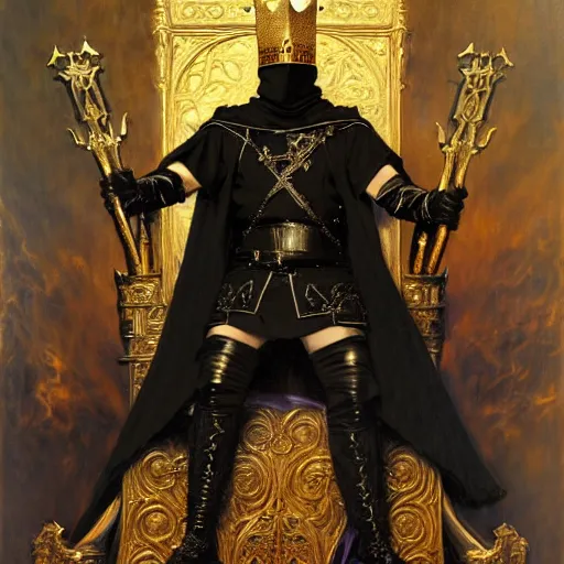 Image similar to full body portrait of masked king in black gothic robes sitting on a throne of swords, elegant, highly detailed painting by gaston bussiere, craig mullins, j. c. leyendecker, 8 k, mid shot