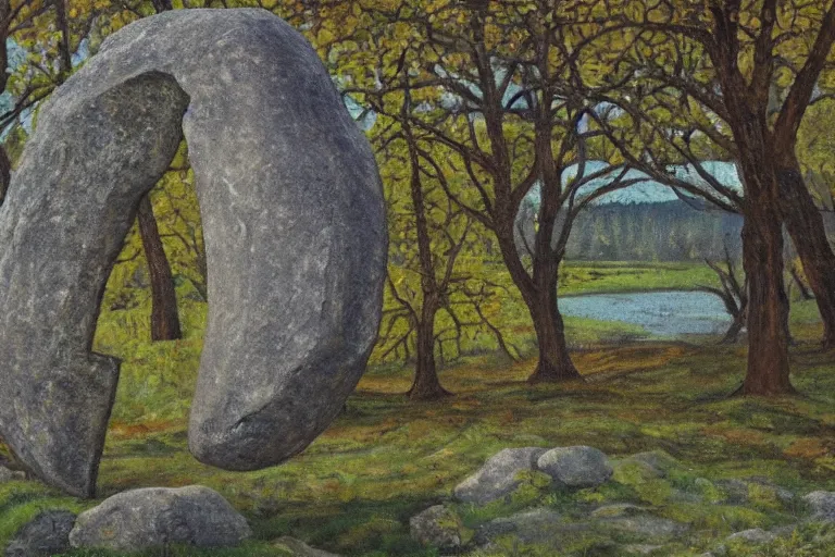 Image similar to runestone, nature, trees, focused, centered, very detailed, norse, oil painting