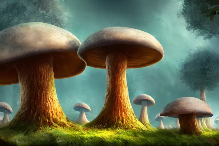 Image similar to giant mushroom forest in the style of Tuomas Korpi concept art, 4K, UHD, High quality, Trending on Artstation HQ