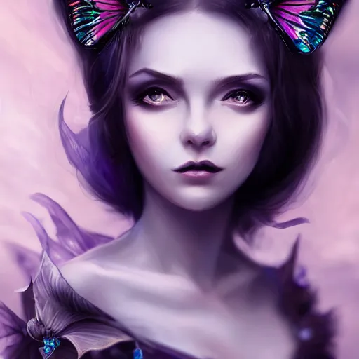 Prompt: detailed portrait of a dark fairy queen with butterfly wings, crown, pixie, iris, realism, emerald, galaxy, sapphire,dark purple crown,leaves, moonlit, dark fantasy, dramatic lighting, cgsociety, artstation