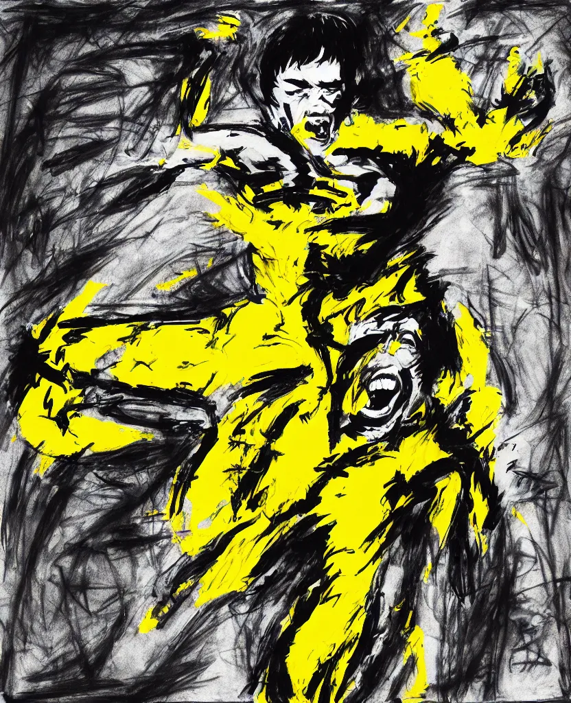 Image similar to a portrait of bruce lee screaming drawn with black and yellow permanent marker