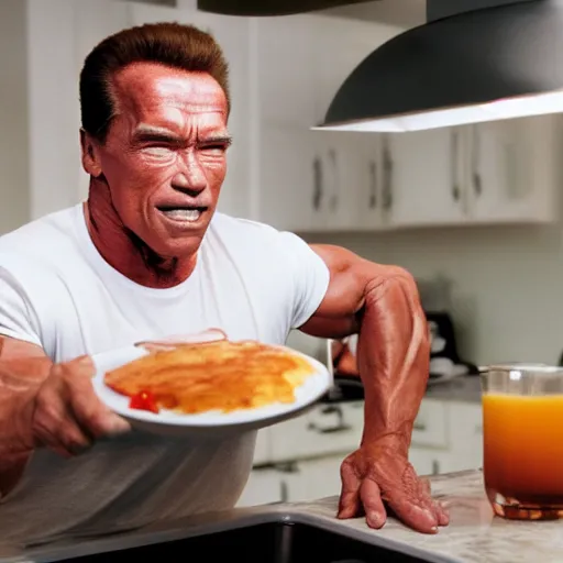 Prompt: A hyper realistic photo of Arnold Schwarzenegger throwing a fit while making breakfast in the kitchen, taken with a Canon EOS 5D.