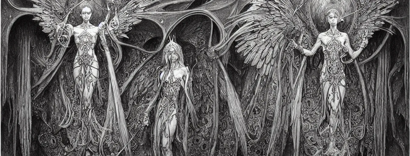 Prompt: highly detailed doom medieval illuminated manuscript concept art drawing, angel wings designs, intricate and stylized ethereal designs by zdizslaw beksinski, kilian eng, alphonse mucha