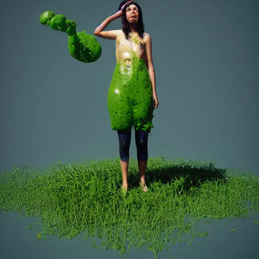 Image similar to Photorealistic person made out of slime and poo rising from the ground, summer, lush flora all around, DAZ, cgsociety, octane render