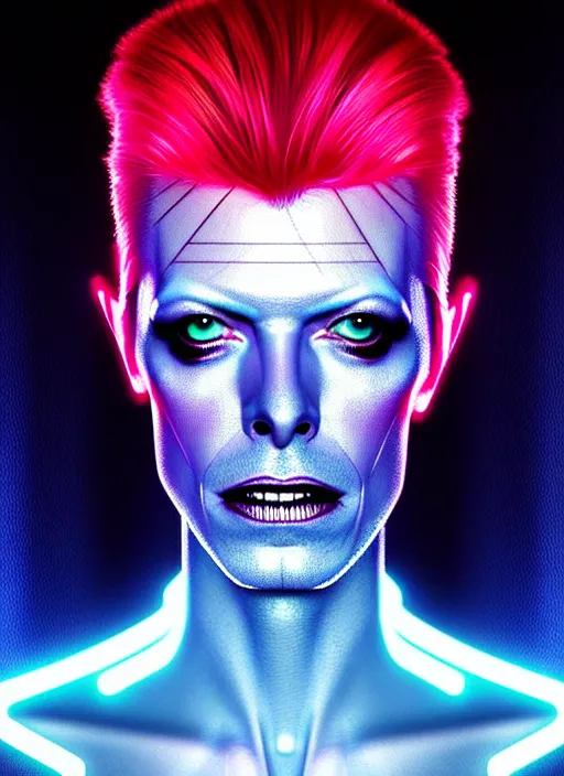 Image similar to portrait of david bowie cyber humanoid, intricate, elegant, cyber neon lights, highly detailed, digital painting, artstation, glamor pose, concept art, smooth, sharp focus, illustration, art by artgerm and greg rutkowski