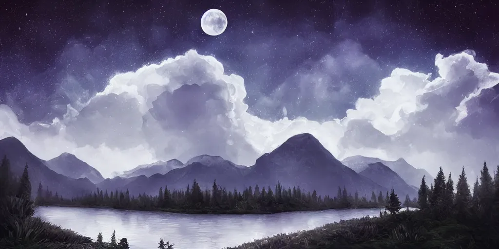 Prompt: [ moonlit river ]! surrounded by [ mountains and forests ]! with a [ dark sky and cumulonimbus clouds and a small moon ]!, 4 k photorealism!! art style, landscape! art, artstation landscape, award winning, unsplash! contest winner