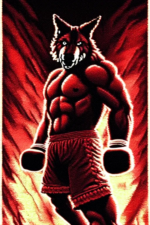 Image similar to extreme long shot. 8 bit nes graphics. antropomorphic muscular masculine wolf. kickboxer fighter, in shorts. wolf head. angry. fine details, very sharp, art from nes game cartridge, 8 0's, vhs artefacts, vaporwave style, marc simonetti and hermann nitsch and anish kapoor.