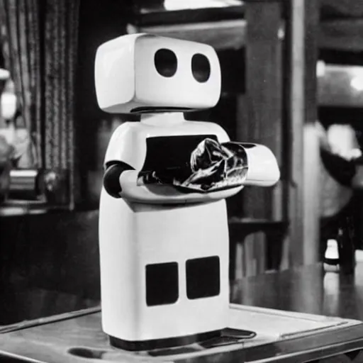 Prompt: A duck shaped robot is serving drinks in a bar in the 50's