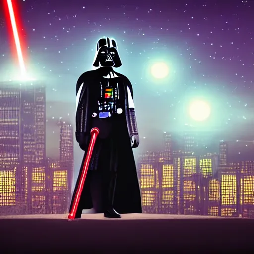 Prompt: darth vader in a neon city, dark, lightsaber, dark cityscape, rooftop, windy, moon, space ships.