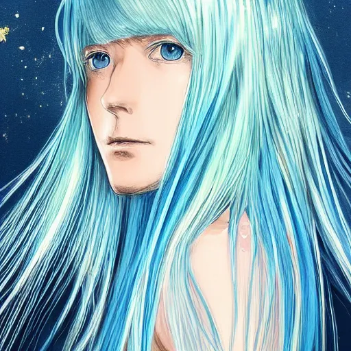 Image similar to side profile of rimuru tempest looking down with sky blue hair, long hair, gold eyes, high collar, film grain, 3 5 mm, black jacket | shiny, highly detailed, rain, professional digital painting, concept art, award - winning photography, cinematic, wlop | art by pixiv art, andy warhol, yoshitaka amano, deviantart