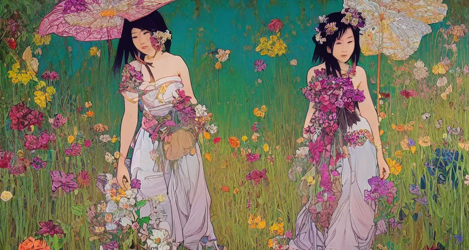 Image similar to oil painting, long shot, beautiful floralpunk thai girl illustration walking in a park, detailed patterns art of thai traditional dress, flower pop art, floral splash painting, art by ashley wood, alphonse mucha, makoto shinkai, geof darrow, dark shadow