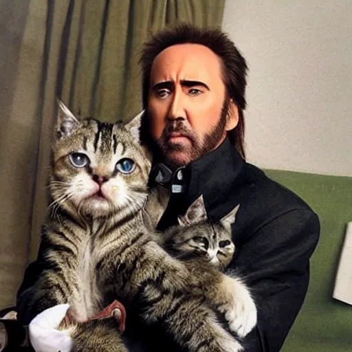 Image similar to nicolas cage is a huge cat with huge nicolas cage kittens