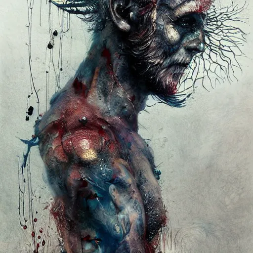 Prompt: mutant fishman sailor with gills and scales from the ocean by emil melmoth zdzislaw beksinki craig mullins yoji shinkawa realistic render ominous detailed photo atmospheric by jeremy mann francis bacon and agnes cecile ink drips paint smears digital glitches glitchart