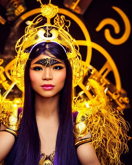 Image similar to a beautiful close up photo of a Filipina female with long hair and purple eyes, no helmet, wearing leather and gold futuristic steampunk costume , with ornate rune carvings and glowing lining, very detailed, shot in canon 50mm f/1.2