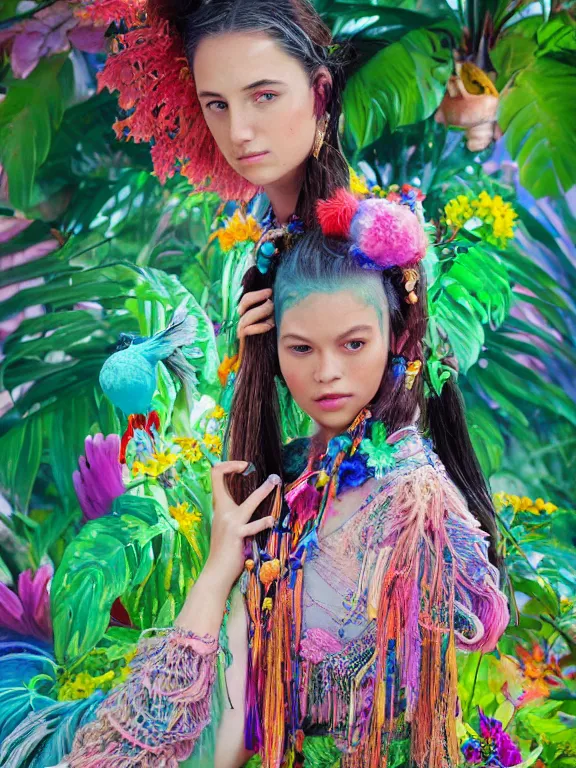 Prompt: beautiful portrait of a Subtropics minority colorful pigtail female wearing fantastic Hand-dyed cotton dress, embellished beaded and decorative fringe knots ,around subtropical plants and flowers and birds,intricate, elegant, highly detailed, dim volumetric lighting, 8k,octane,post-processing,digital painting, trending on artstation, concept art, smooth, sharp focus, illustration,by Tom Bagshaw and Daniel Gerhartz and Albert Aublet and Lawrence Alma-Tadema and alphonse mucha