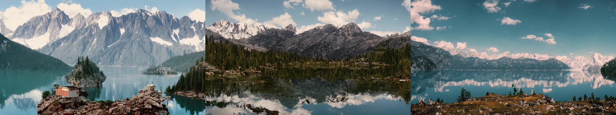Prompt: lakeside mountains, by wes anderson