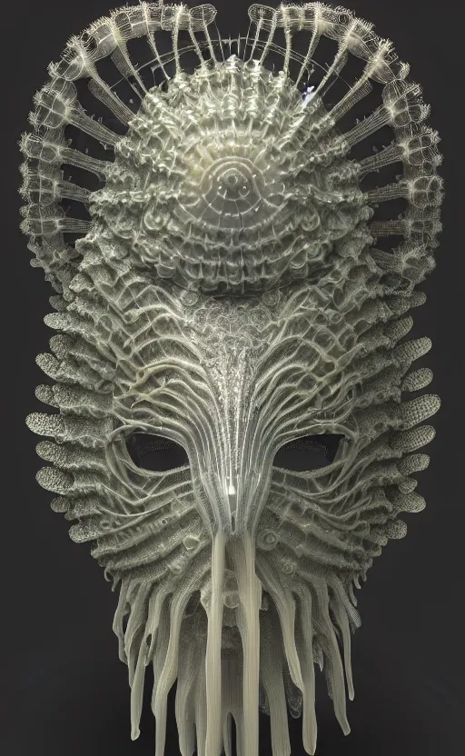 Image similar to armored angel intricate mask, eagle coral, jelly fish, mandelbulb 3 d, fractal flame, octane render, cyborg, biomechanical, futuristic, by ernst haeckel