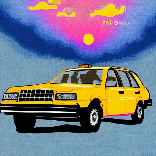 Image similar to a 1980s old taxi car floating above the clouds, sunset, digital painting,