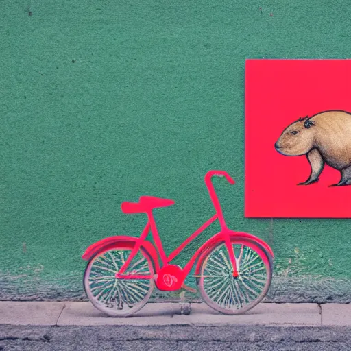 Prompt: a capybara using a red pencil to draw a bicycle on a wall