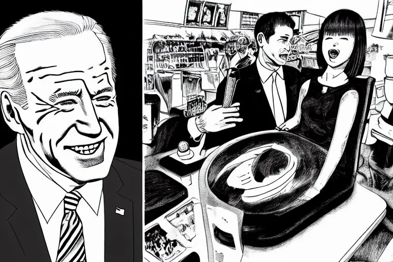 Prompt: Joe Biden insatiable for ice cream, Junji Ito