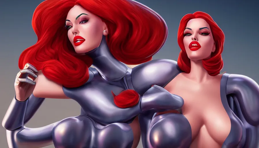 Prompt: jessica rabbit dressed as a robot girl, highly detailed portrait, digital painting, unreal engine, by artgerm