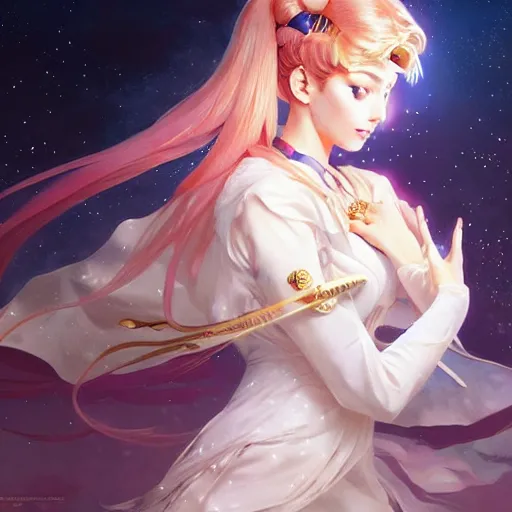 Image similar to Sailor Moon, fantasy, intricate, elegant, highly detailed, digital painting, artstation, concept art, matte, sharp focus, illustration, art by Artgerm and Greg Rutkowski and Alphonse Mucha