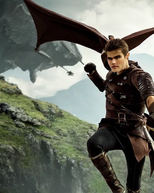 Prompt: Actor Paul Wesley As an Elf Ranger riding a giant Battle Eagle as it soars over the Mountains of Mordor,photorealistic, cinematic