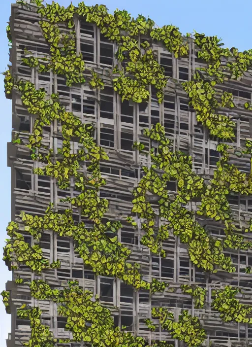 Prompt: brutalist buildings covered in colorful vines and flowers by Denys Lasdun William Morris and Mies van Der Rohe, artstation, masterpiece