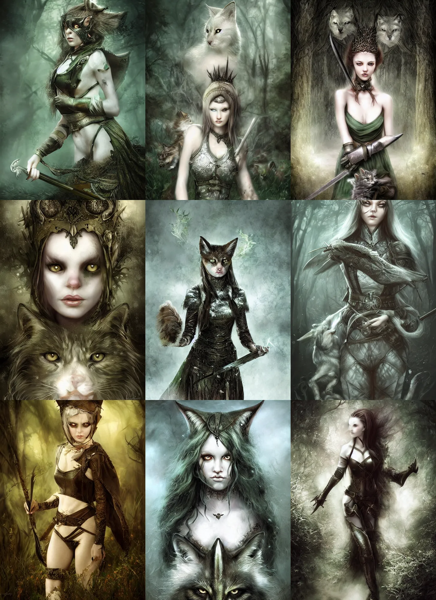 Prompt: medieval female warrior, green eyes, dark forbidden forest, wolves, white cat, by Lecouffe-Deharme, by Natalie Shau