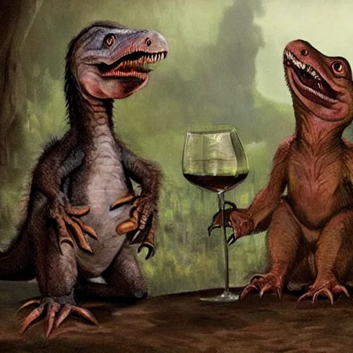 Prompt: two csotonyi paleoart velociraptors toasting glass of wine, in jurrasic park movie painted by rembrandt and pixar