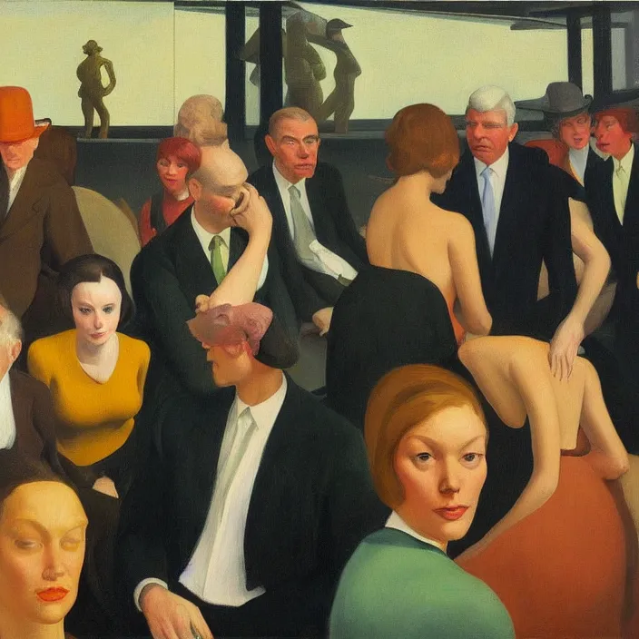 Image similar to group of people pictured in afternoon light, mostly women, close - up of the faces, anatomically and proportionally correct : : surrealist oil painting by edward hopper, malcolm liepke, francis bacon and rene magritte, detailed