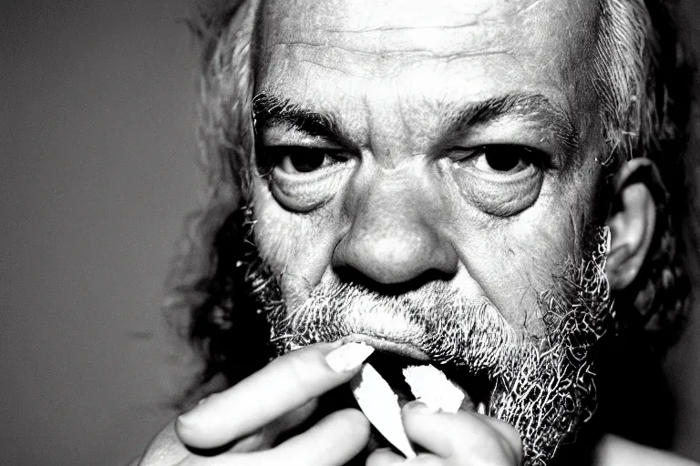 Prompt: An extreme closeup portrait of Socrates licking a popsicle, socrates is shiny and sweating in the heat, in the style of Martin Parr The Last Resort, ring flash, closeup photograph, william eggleston