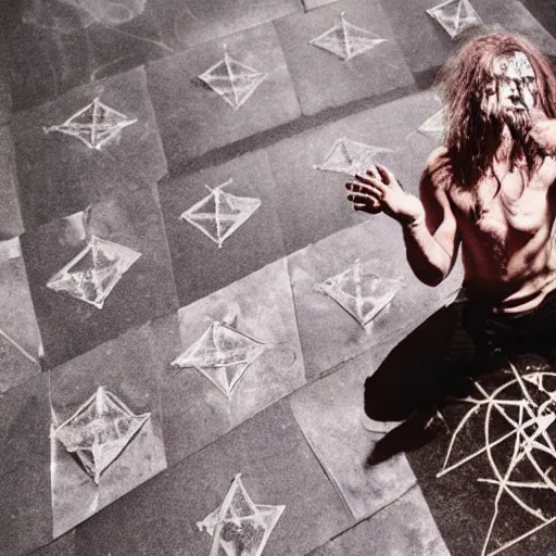 Prompt: a metal musician using a pentagram on the floor to conjure a demon. Candles. Ominous lights. Magic. Horror film still.