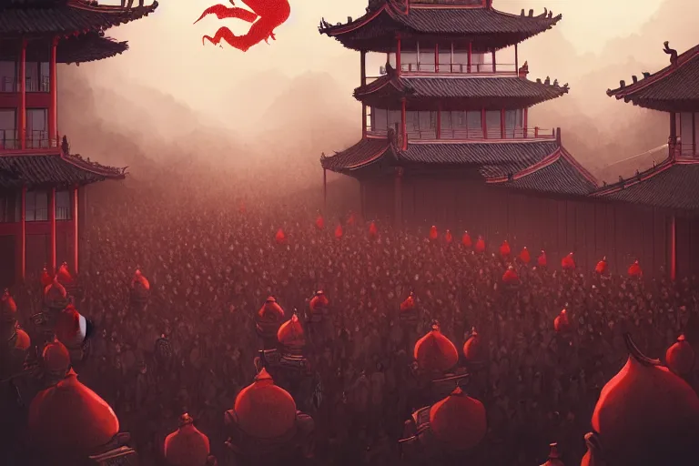 Image similar to lined up crowd is marching toward the chinese palace, big red dragon flying above them, dark atmosphere, light above palace, digital art, trending on artstation