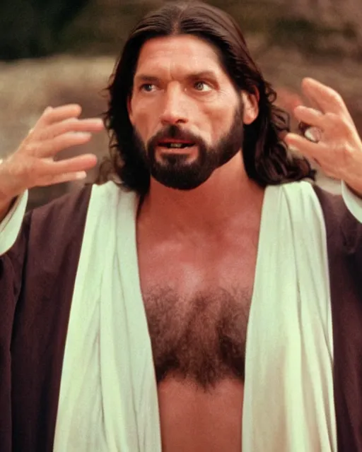 Image similar to film still close - up shot of vince mcmahon as jesus. photographic, photography