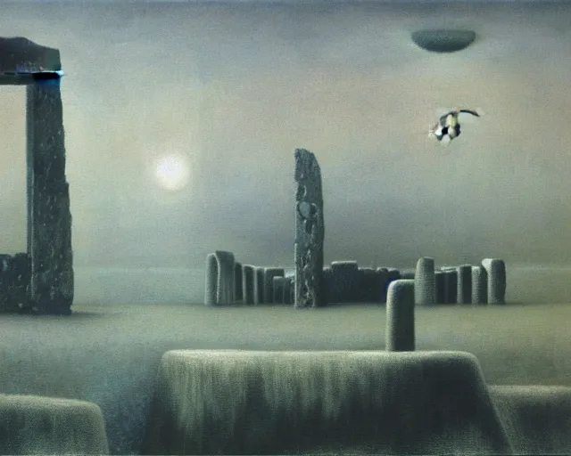 Prompt: painting of Stonehenge by Yves Tanguy, underneath a painting of a spaceship by Beksinski