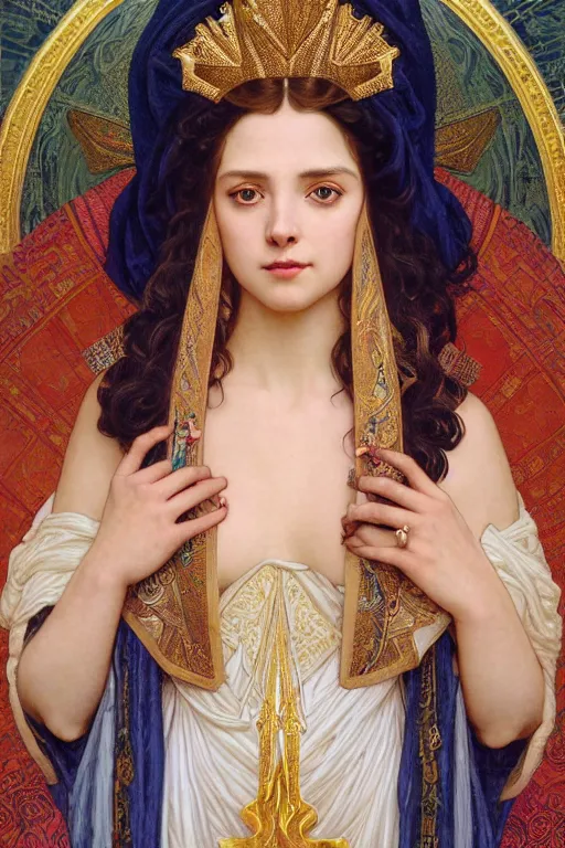 Image similar to Portrait of historically accurate, biblical, sneering, young, wicked, terrible, evil, pagan, beautiful, queen jezebel of ancient Israel, wearing gilded robes, long hair, intricate, elegant, highly detailed, masterpiece, illustration, art by artgerm and greg rutkowski and alphonse mucha and Wayne Barlowe and william-adolphe bouguereau, highly detailed, trending on artstation, award winning