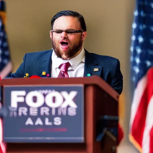 Prompt: a fox animal dressed in a suit giving a presidential speech, 8 5 mm f / 1. 4