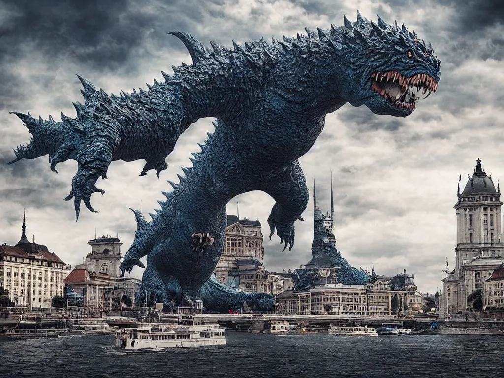 Image similar to kaiju attack in budapest photography realistic, detailed, cinematic