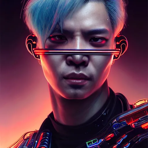 Prompt: portrait painting of a cyberpunk jackson wang, ultra realistic, concept art, intricate details, eerie, highly detailed, photorealistic, octane render, 8 k, unreal engine. art by artgerm and greg rutkowski and magali villeneuve and alphonse mucha