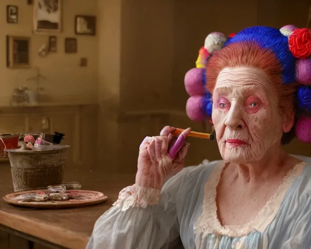 Prompt: an innocent and beautiful scene in hyper realistic style, about an old and lonely woman applying makeup in front of the camera, and modeling a victorian dress. a huge and colorful fish sits on her head. 4 k. wide angle. wild. symmetrical face, red mouth, blue eyes. deep focus, lovely scene. ambient occlusion render. unreal engine.