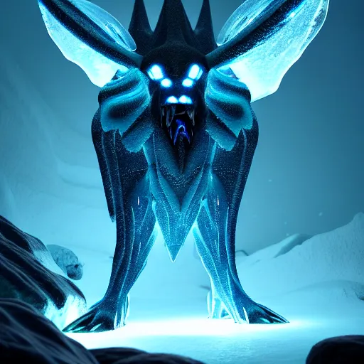 Image similar to ( ice pokemon ) creature creature in a alaska cave, bioluminescent bioluminescent translucent translucent : : by michal karcz, daniel merriam, victo ngai and guillermo del toro : : ornate, dynamic, particulate, intricate, elegant, highly detailed, centered, artstation, smooth, sharp focus, octane render, 3 d