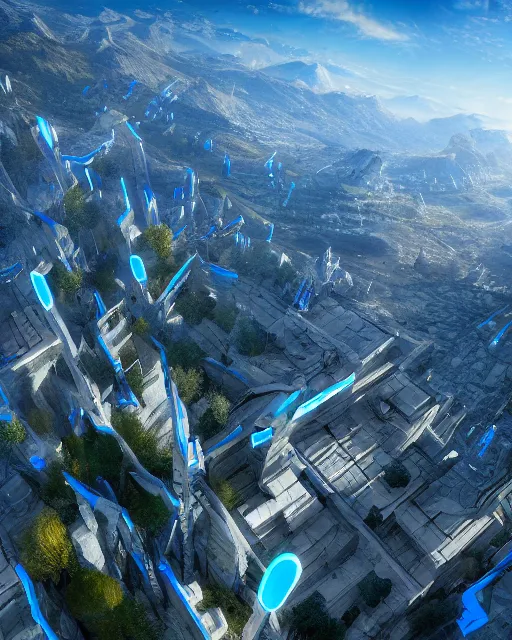 Image similar to gondor, aerial view by Leon Tukker, Makoto Kobayashi, synthetic light, blue trees, people on the streets, utopia, perfect, futuristic, 8k high detail, masterpiece, trending on ArtStation