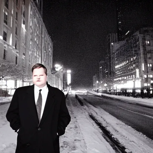 Prompt: 1 9 9 8 andy richter wearing a black wool coat and necktie standing on the streets of chicago at night in winter, dynamic lighting, holiday season.