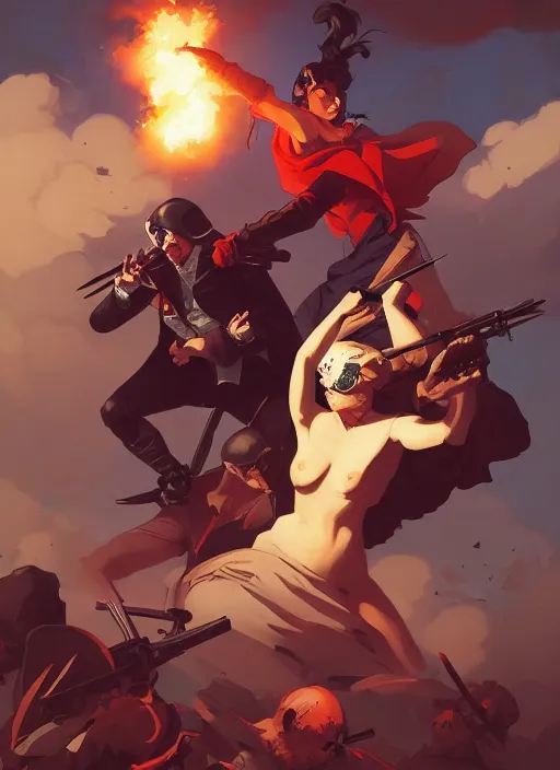 Prompt: a glorious battle during the french revolution, in the style of artgerm, gerald brom, atey ghailan and mike mignola, vibrant colors and hard shadows and strong rim light, plain background, comic cover art, trending on artstation