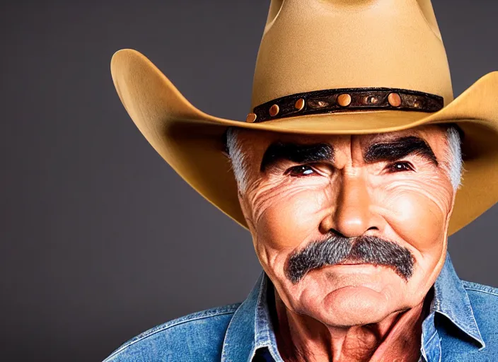 Image similar to studio portrait photo still of burt reynolds wearing a cowboy hat holding a bucket of chicken, 8 k, 8 5 mm f 1. 8, studio lighting, rim light, right side key light